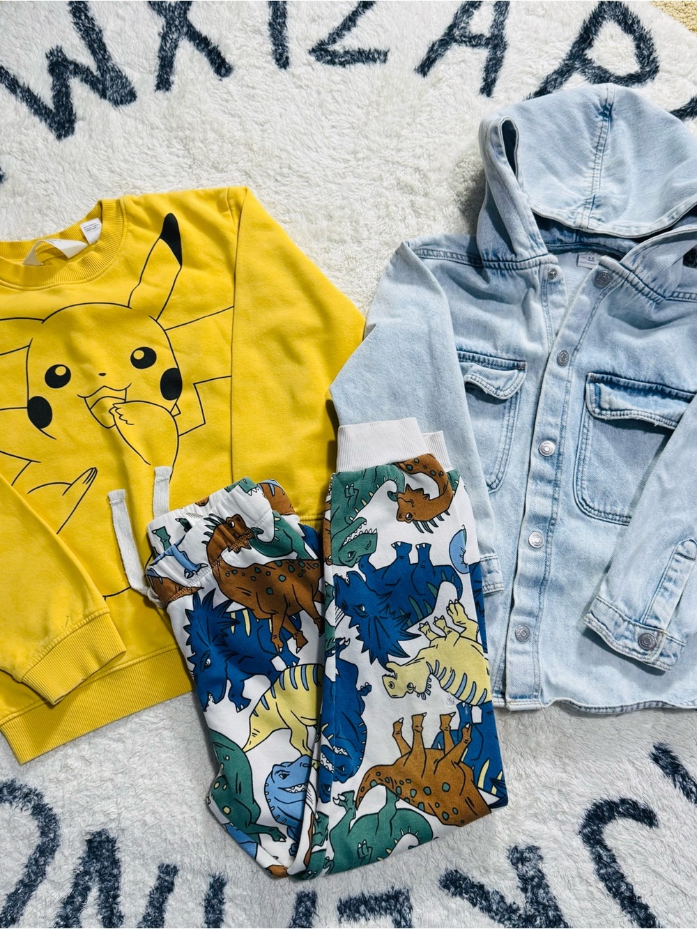 H&M Yellow Pikachu Sweatshirt & Dino Print Joggers & Zara Denim Jacket